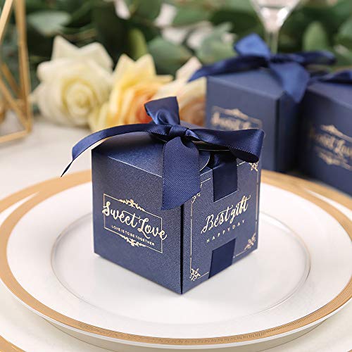 DORIS HOME 50pcs 2.5 * 2.5 * 2.5 Inch Navy Blue Birthday Wedding Party Favor Boxes,Wedding Gift Bags Chocolate Candy and Gift Boxes Bridal Shower Party Paper Gift Boxes with Ribbons