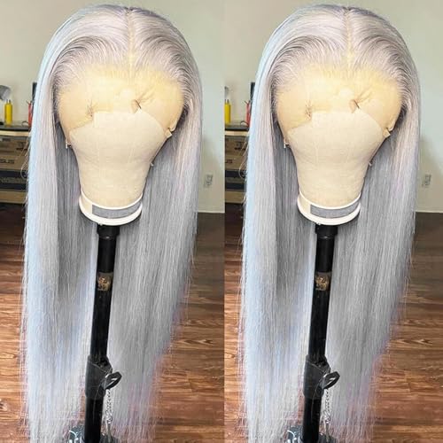 ANDRIA 13x4 Lace Front Wigs 200% Density Lace Front Wig Pre Plucked Glueless Wigs Natural Straight Synthetic 13x4 HD Lace Frontal Wigs for Black Women 26 Inch (Grey)