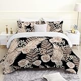 Bettdecke 200x200cm, Schwarzer Blumendruck 4 Jahreszeiten Bettdecke 200x200, Goldene Pflanzen Steppdecke Ganzjahresdecke Bettdecken, Waschbar Gesteppte Duvet Schlafdecke mit 2 Kissenbezug 80x80cm