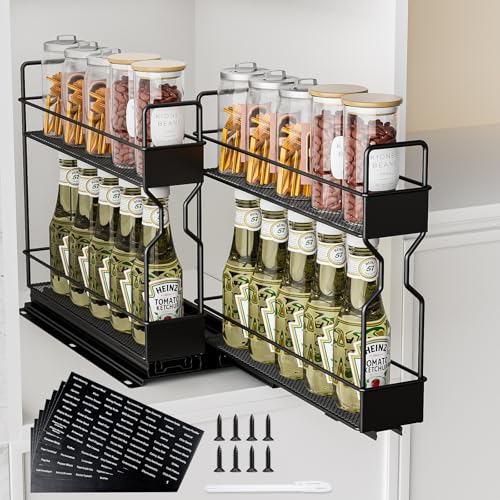 SCANTEE Gewürzregal Stehend, 2 Stück Stehendes Gewürz Organizer Gewürzregale Gewürzgläser mit Regal mit 2 Ebenen Spice Rack Gewürzschrank Leise Ausziehbar, Atmungsaktive Gitterböden für Küche