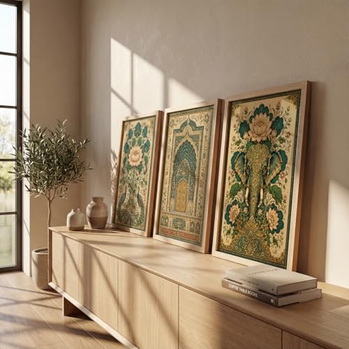 Image of NoWorries Elephant Peacock Wall Art Set of 3 Framed Prints | Indian Traditional Lotus Floral Painting, Royal Palace Arch Poster, Vintage Rajasthani Ethnic Wall Decor for Living Room Bedroom Home (Synthetic Engineered Wooden Frame) (MIN -5, 10x13 inches)