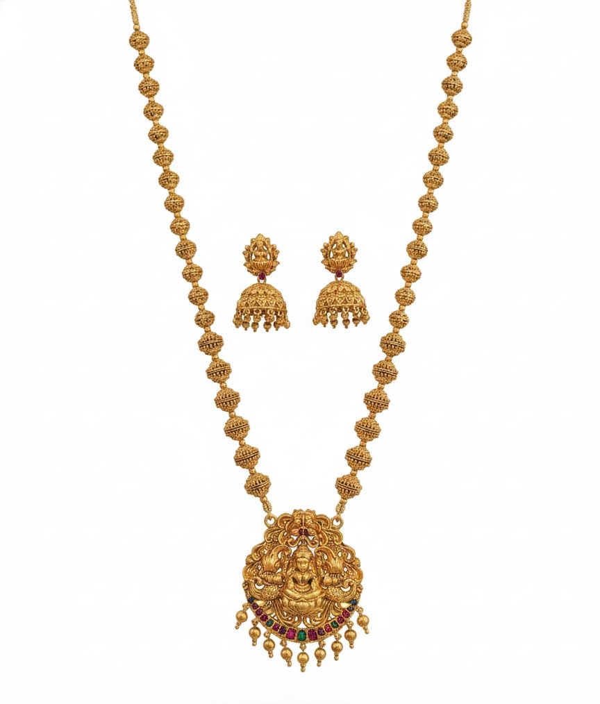 Traditional Gold Plated Lakshmi Temple Jewellery Set with Necklace & Jhumka Earrings | Antique Finish South Indian Wedding Jewellery for Women-image-16