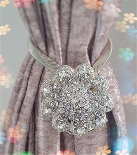 Alberta Chic One Pair Curtain Clips Curtain Attraction Appliance Buckle Magnetic Tieback Creative Diamond Curtain Bind Europe Type (Straight Flower:Silver)