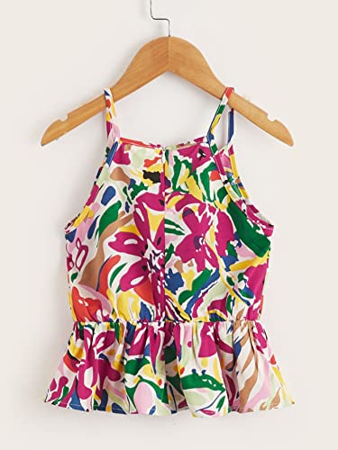Cozyease Girls' Floral Print Peplum Hem Cami Top Ruffle Hem Zipper Back Spaghetti Strap Boho Summer Cami Top Multicolor 9Y #TOP1