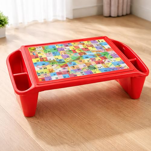 Image of Lightweight Multipurpose & Portable Plastic Table with Side Storage - Bed Tray, Study Desk, Breakfast & Eating Table for Kids (Red)