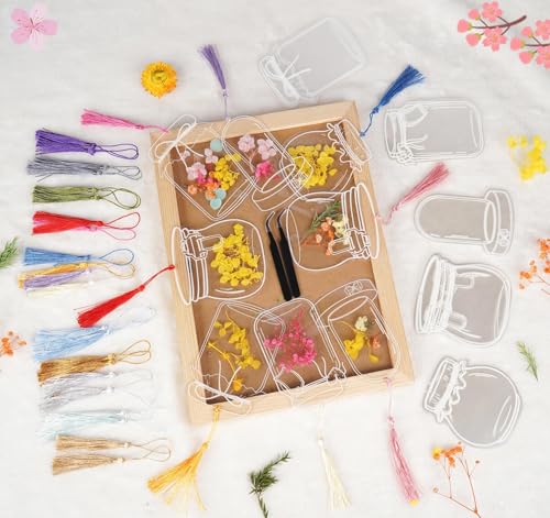 50 Pcs Bookmark Making Kit Transparent Book Marks Set DIY Dried Flower Include Clear Bookmarks Colorful Tassels Tweezer and Open Tags Handmade Large Size Bookmark Page for Women