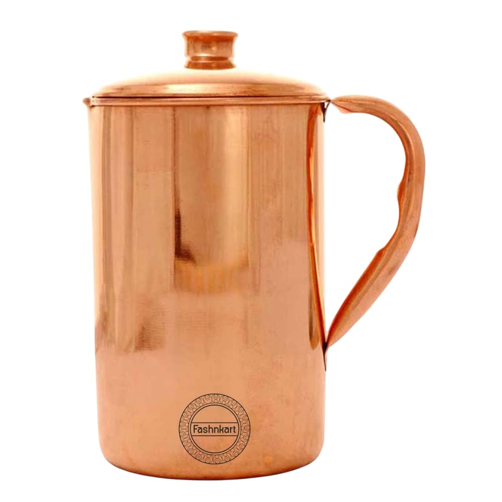 Brocca in rame puro per i benefici per la salute ayurvedici Brocca per acqua in rame semplice fatta a mano da 1,5 litri con coperchio abbinato | per servire più acqua in famiglia