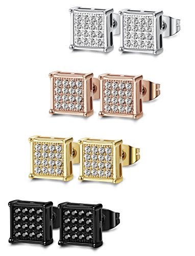 FIBO STEEL 4 Pairs Stainless Steel Stud Earrings for Men Women Square CZ Earrings,8MM