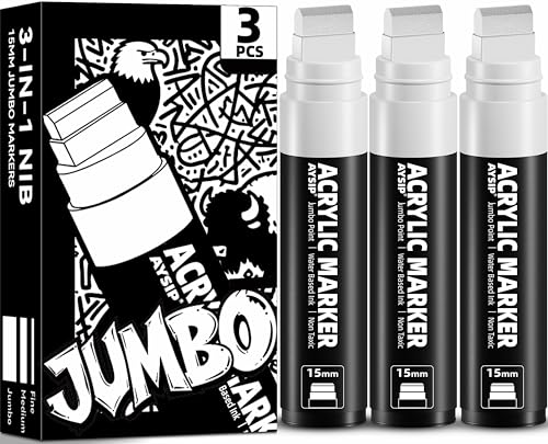 AYSIP 3 Jumbo Permanent Markers White 15mm Large Wide Tip Thick Acrylic Paint Markers for Painting Rock Window Glass Wood Fabric