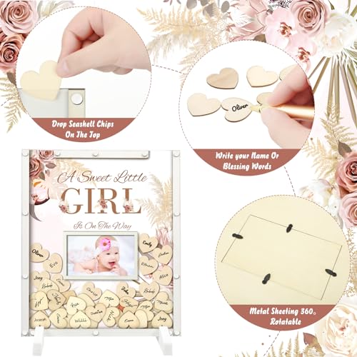 Image of Beeveer 65 Pcs Baby Shower Guest Book Alternatives Boho Flower Baby Shower Sign in Guest Book Decorations with Picture Frame and 60 Wooden Heart Chip Keepsake Gifts for New Parents