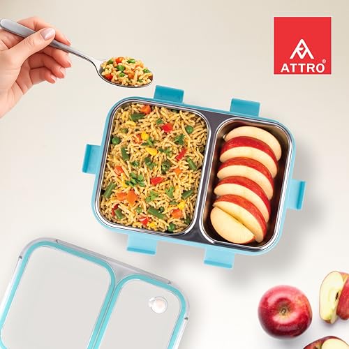 Image of ATTRO Duo Meal Stainless Steel Lunch Box with 2 Partition, Microwave Safe, Airtight Leakproof Silicone Seal Lid, BPA-Free Food Grade Tiffin Box for Office School Kids - 650ml - Blue