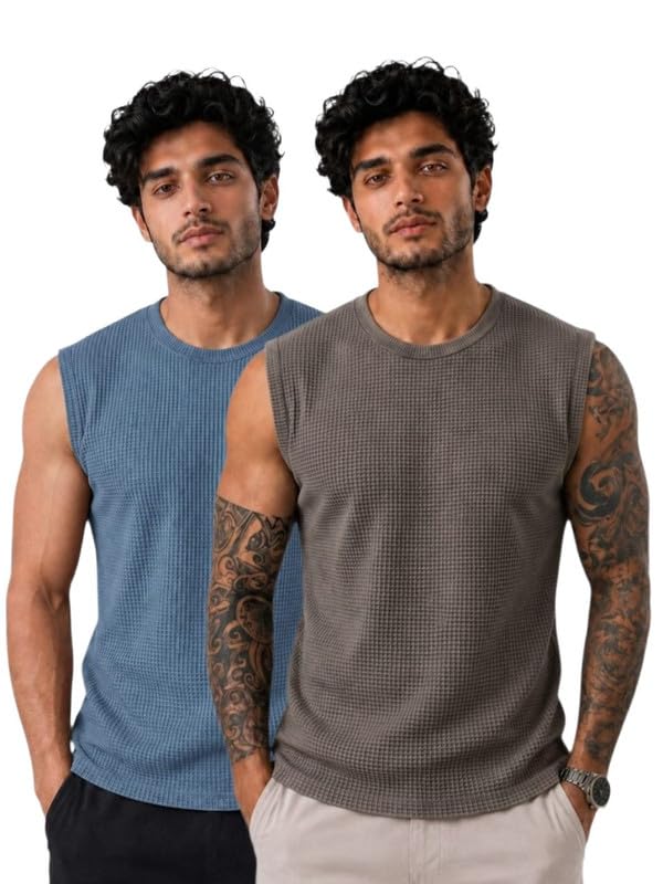 funahme Men's Waffle Knit Sleeveless Vests | Premium Regular Fit Tank Tops(Pack of 2)-picture-27