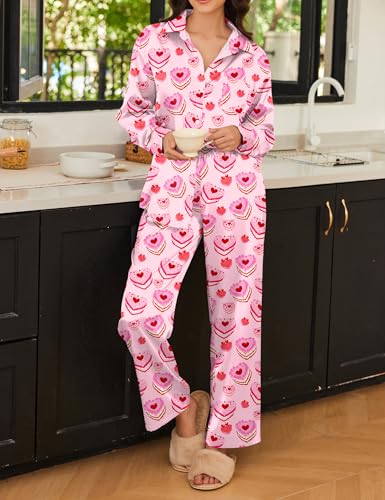 Image of Ekouaer Womens Satin Silky Pajama Set 2 Piece Print PJs Soft Loungewear Button Down Sleepwear with Elastic Waist Long Pants