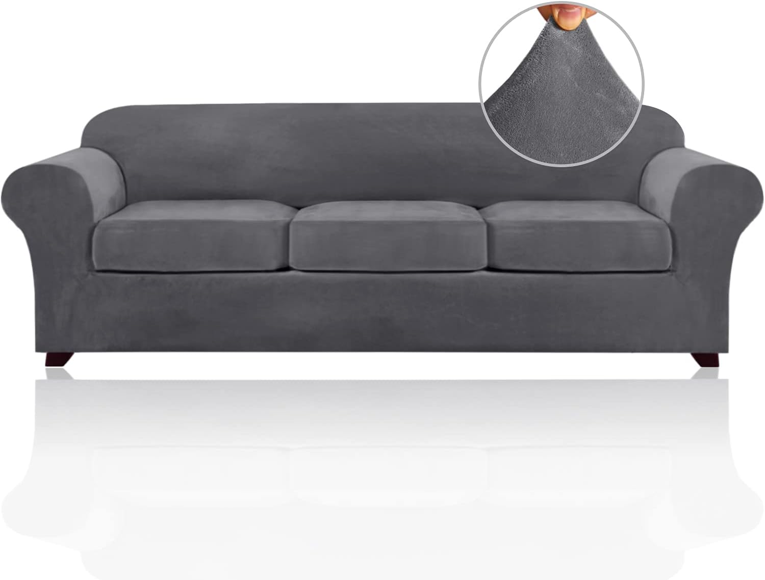PriceDeco Velvet XL Couch Cover for Oversized Sofa 4 Piece Sofa Covers for 3 Cushion Couch Washable Furniture Protector with Non Slip Elastic Bottom Width Up to 97 Inch(X-Large, Grey)