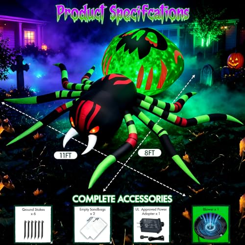Image of 11FT Halloween Inflatables Spider Outdoor Decorations for Yard, Giant Blow up Green Spider with Rotating Fire Flame Light, Large Spooky Spider for Halloween Party Garden Lawn House Holiday Decor