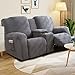 YUEANG Recliner Loveseat Cover with Center Console, 2 Seater Leopard Recliner Sofa Slipcover with Pockets Washable Stretch Reclining Couch Covers Furniture Protector with Elastic Straps (Dark Gray)