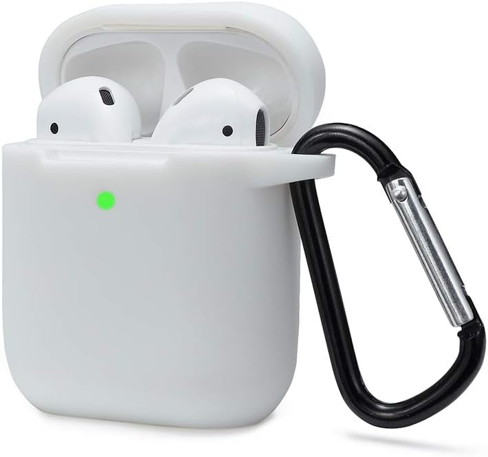 Case Cover Compatible with AirPods 2 & 1, Silicone Shockproof Case Cover for Airpods 2 &1 Front LED Visible Extra Protection with Carabiner, White