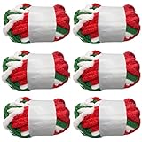 Super Bulky Chunky Blanket Chenille Yarn 3lb for Arm Knitting, Stripes Multicolored Green Red White Quick Polyester Jumbo Easy Weaving Multicolor Yarn Luxury Thick Yarns 6 Pack 48oz