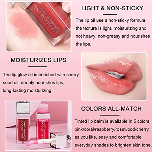 Charm Kiss 2 Colors Hydrating Lip Oil Plumping Lip Tint Moisturizing Lip Gloss, Plump Lip Gloss Lip Care Transparent Toot Lip Oil Tinted, Glass Lip Glow Oil Fresh Texture, Long Lasting Nourishing