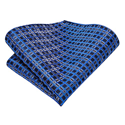 Image of Hi-Tie Men 63inches Tie Set Extra Long Necktie Paisley Tie Pocket Suqare Cufflinks Big and Tall Men Tie,Blue Plaid
