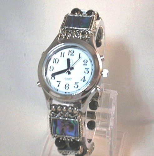 Elegant Talking Watch with Alarm Silver Tone with Abalone Beaded Band