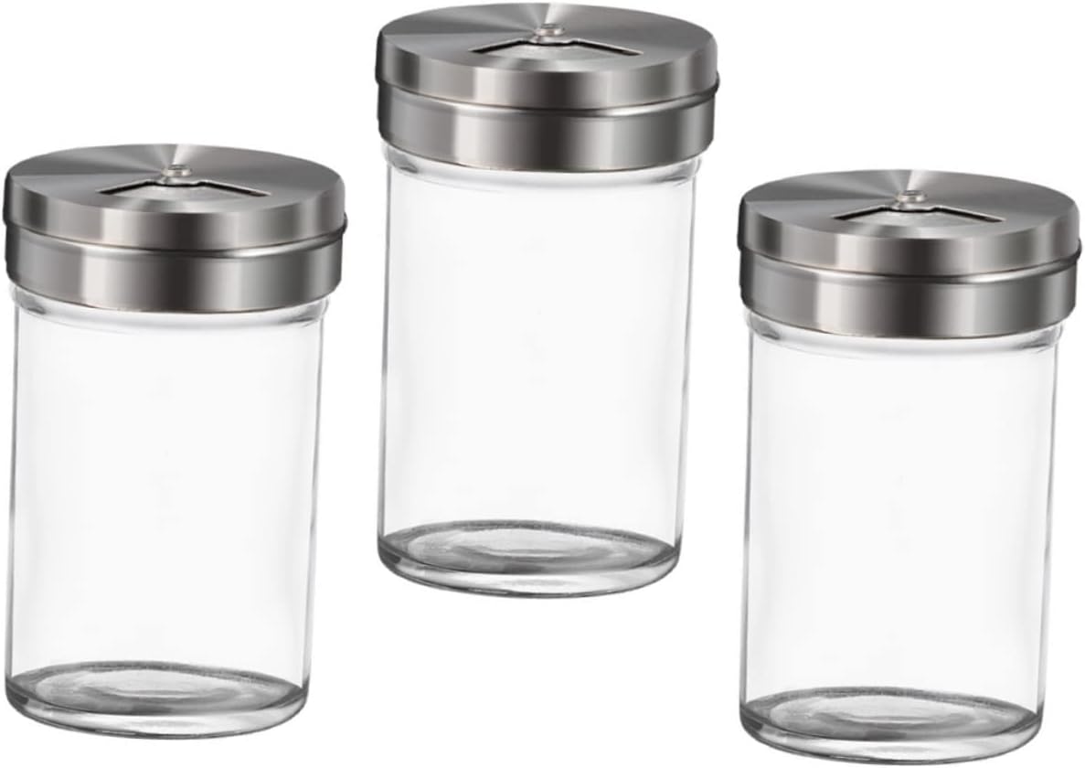 3Pcs Glass Seasoning Bottles with Stainless Steel Salt Pepper Shaker Set