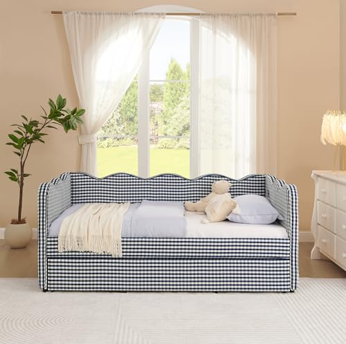 Image of KEIKI Twin Size Upholstery Daybed with Trundle and USB, Twin to King Design Adorable Wave Shaped Extendable Linen Sofa Bed, Easy Assembly, No Box Spring Required, for Living Room and Bedroom, Navy