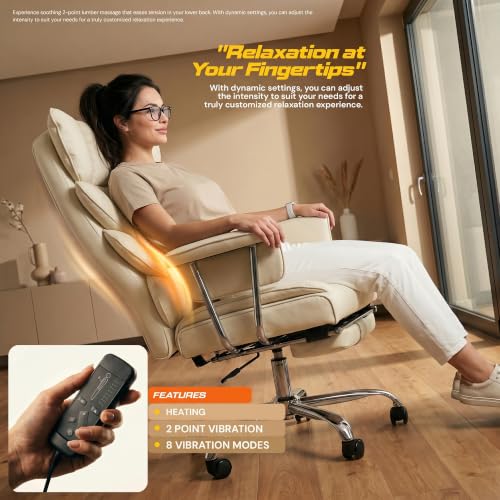 Image of DROGO Monarch-X Massage Office Chair with Vibration & Heat | Big and Tall Ergonomic Executive Computer Chair with PU Leather & 150Reclining | Gaming Chair with Spacious Cushion Seat & Footrest (Cream)