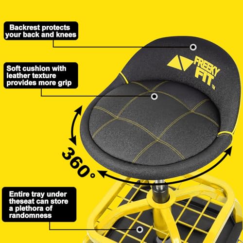 FreekyFit Banco com rodas, banco mecânico de garagem com encosto, cadeira de mecânico de rolo, altur