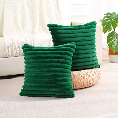 Futei Emerald Green Decorative Throw Pillow Covers 26X26 Inch Set Of 2,Square Cushion Case,Euro Couch Pillow Shams,Soft Cozy Faux Rabbit Fur Striped & Velvet Back,Modern Decor For Bed #TOP5