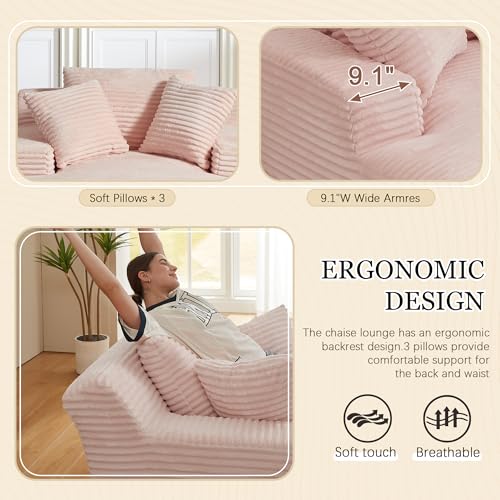 Image of Chaise Lounge Chair Indoor, 50 Inch Oversized Corduroy Upholstered Boneless Sofa Bed, Deep Seat Sleeper Couch Reading Chairs, Cloud Sofas Couches for Living Room (Pink, 50 inch W x 80 inch D)