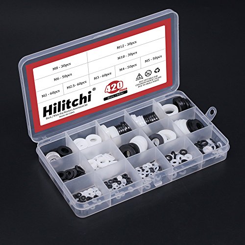Hilitchi 420-Pcs [9 - Size] White/Black Nylon Insulating Flat Washers Gaskets Spacers Assortment Set - M2 M2.5 M3 M4 M5 M6 M8 M10 M12 #TOP3