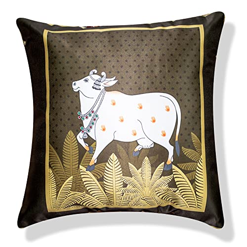 Image of Rajasthani Satin 250TC Cushion Pillow Covers, Multicolour, Set of 5 (16X16 Inches with Fillers, Cattle)