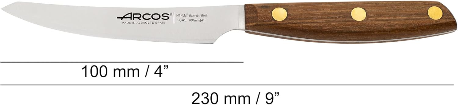 Arcos Steak Knife 4 Inch Stainless Steel. Kitchen Knife for Fish, Meat and Vegetables. Ovengkol Wood Handle 100% natural FSC and 100mm Blade. Series Nordika. Color Brown.