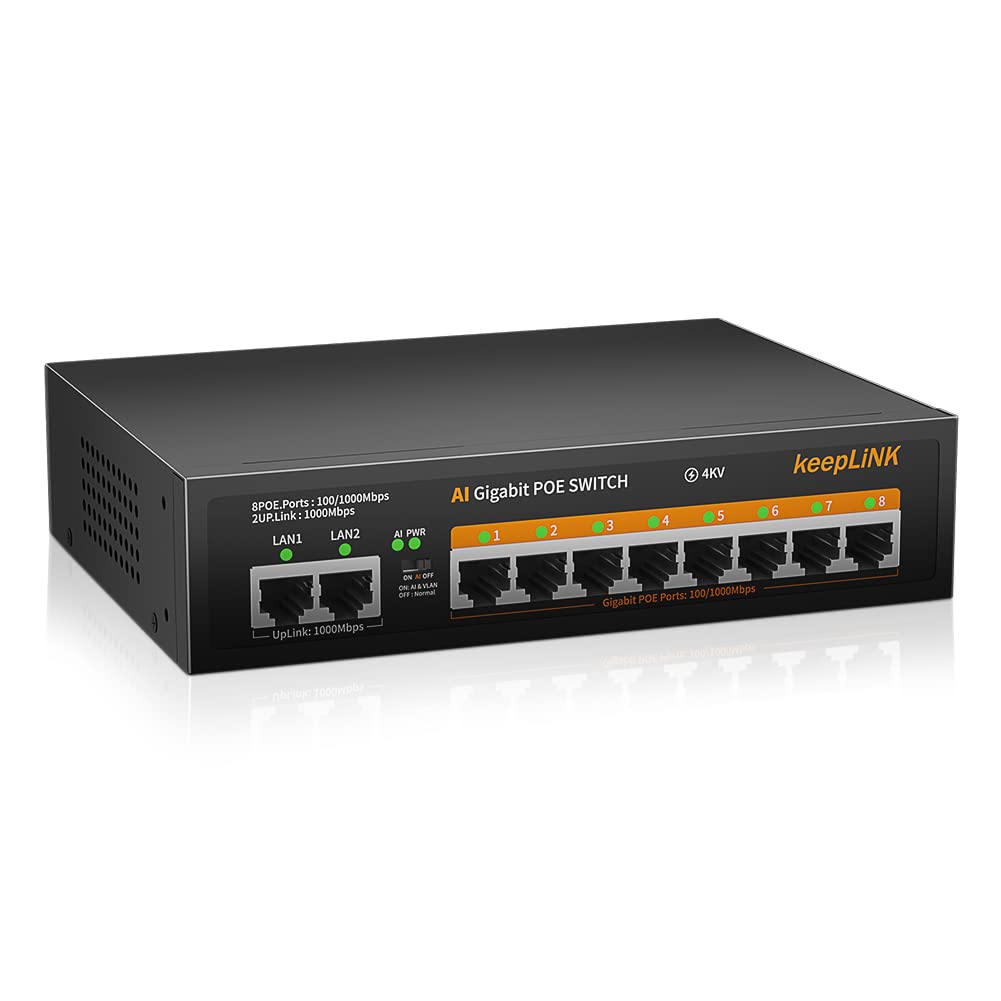 10 Port Gigabit PoE Switch, 8 Ports 1000Mbps PoE+, 2 Ports 1000Mbps Uplink, Puissance intégrée de 120 W IEEE802.3af/at, Plug and Play Non géré en métal sans Ventilateur
