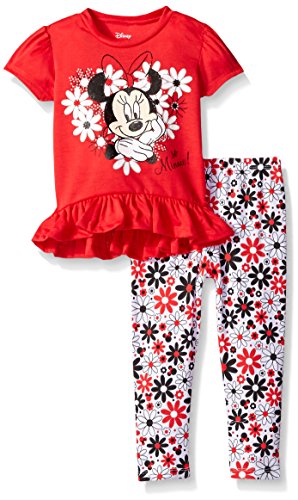 Disney Little Girls' Toddler Minnie Mouse Legging Set and Fashion Top, Bright Red, 2T