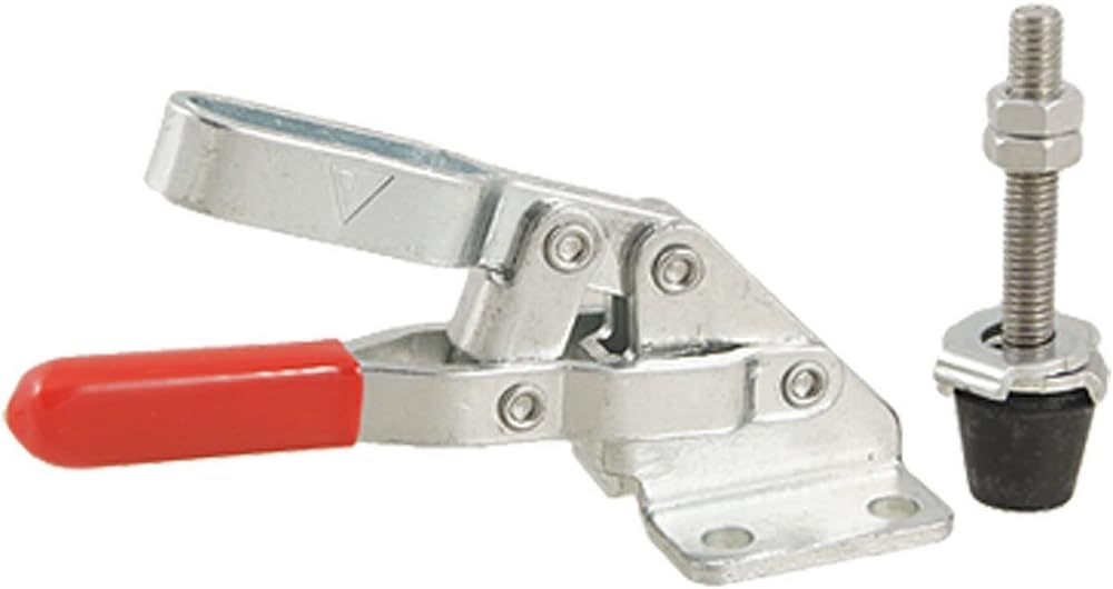 Stainless steel vertical toggle clamp with red plastic handle and a separate threaded spindle assembly.