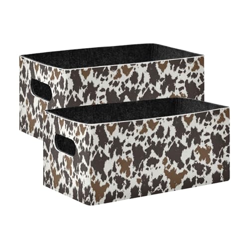 Image of Kcldeci Cowhide Leather Storage Bins Baskets for Organizing 2Pack,Cow Print Sturdy Storage Basket Foldable Storage Baskets for Shelves Closet Nursery Toy