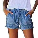 PESION Women's Frayed Raw Hem Denim Shorts Drawstring High Waisted Jean Shorts Blue XL