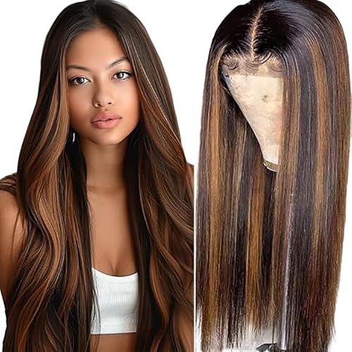 Perruque cheveux humain lisses avec balayage marron P430 pour un effet méché naturel