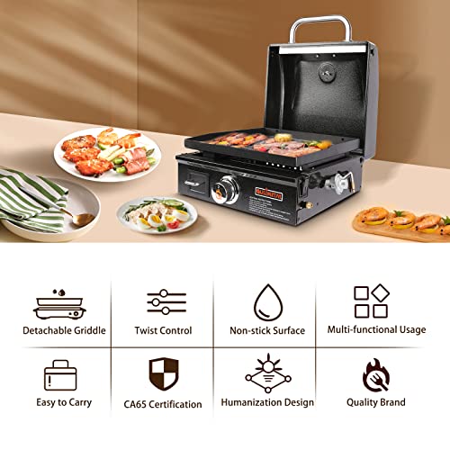 Qulimetal Table Top Grill Portable Griddle With Hood Non-Stick Flat Top Grill Gas Grill Griddle Propane Grill With Carry Bag 17 Inch,15,000 Btu,268 Sq,304 Stainless Steel Burner,Ceramic Coating For Outdoor Camping Party Tailgating #TOP5