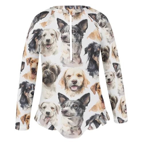 Dog Head Pattern Girls Long Sleeve Swimsuit Rash Guard One Piece Bathing Suits Zipper 3-12T2