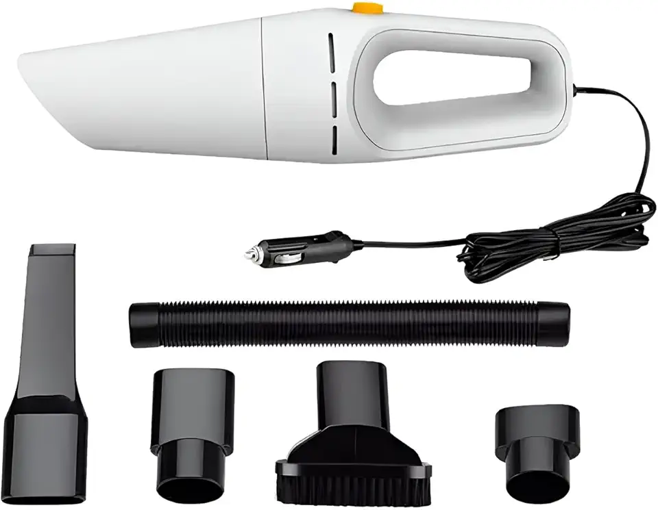 Aspirador de Pó Portátil para Carro, 120W, 12V, Branco, com Filtro Lavável, Cabo 4m, 4500Pa Sucção, Reservatório 200ml, Kit Acessórios