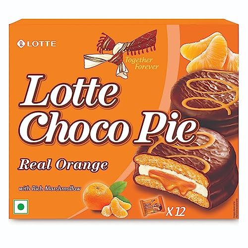 Image of Lotte Choco Pie - Orange Pie - Soft Biscuits coated with Premium Chocolate - (Pack of 12) - 336g