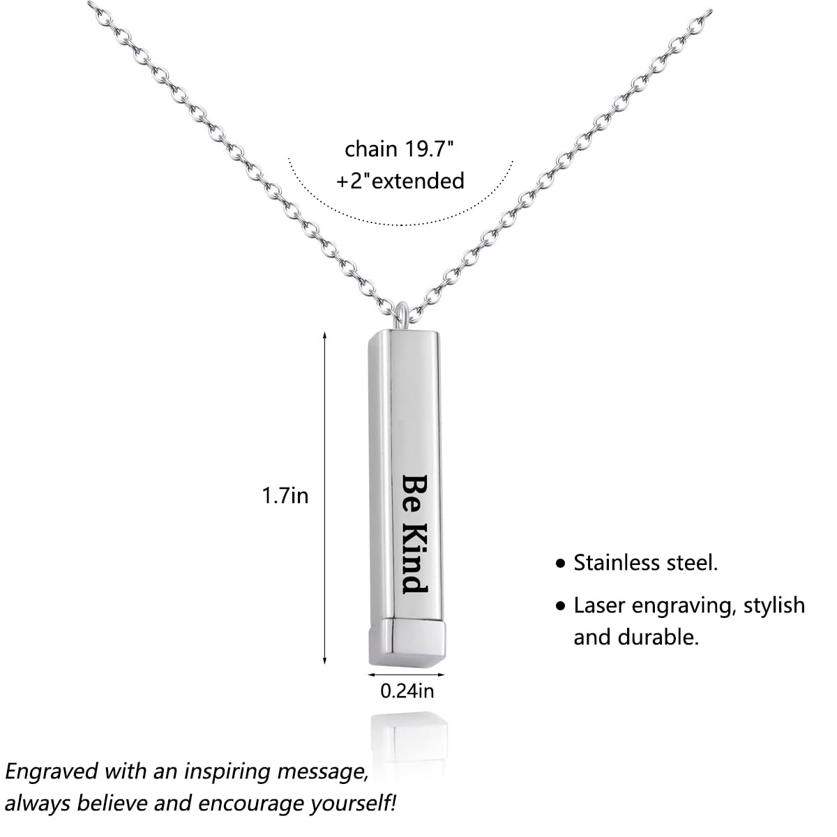 Tube Motivational Necklace for Women, Stainless Steel Square Pendant with Hidden Message Inspirational Christmas Best Friend Sisters Gifts Jewelry