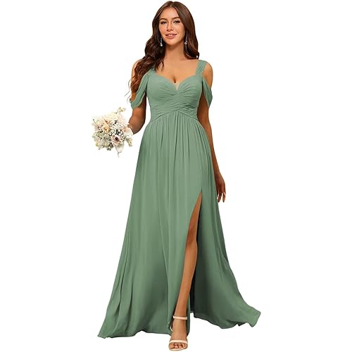 Women's Cold Shoulder Bridesmaid Dresses 2025 with Silt Chiffon Pleated Formal Evening Dress PU140