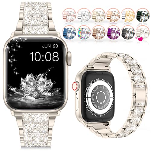 LELONG for Apple Watch Band 38mm 40mm 41mm Series 8 Series 7 6 5 4 3 2 1 SE Ultra, Bling Replacement Bracelet iWatch Band, Diamond Rhinestone Stainless Steel Metal Wristband Strap (AB-Starlight, 38mm/40mm/41mm)