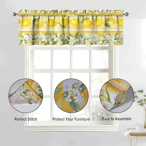 Image of Lemon Kitchen Curtains 3 Piece Set Tier Valance Window Decor | 3 Piece Kitchen Curtain Set Includes 54x18in Valance and Two 27.5x36in Tier Curtains for Kitchen, Bedroom and Living Room