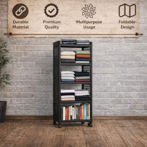 Image of SUBEKYU 5 Shelves Multi-Purpose Organizer | Modular Storage Box for Clothes, Kitchen, Bathroom & Living Room, Space-Saving Wardrobe Closet Cabinet, Set of 1, Black
