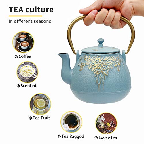 Tea Kettle, TOPTIER Japanese Cast Iron Tea Kettle with Infuser for Loose Leaf and Tea Bags, Stovetop Safe Cast Iron Teapot Coated with Enameled Interior for 40 oz (1200 ml), Turquoise Blue